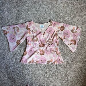 LOFT Pink Floral Bell Sleeve Blouse